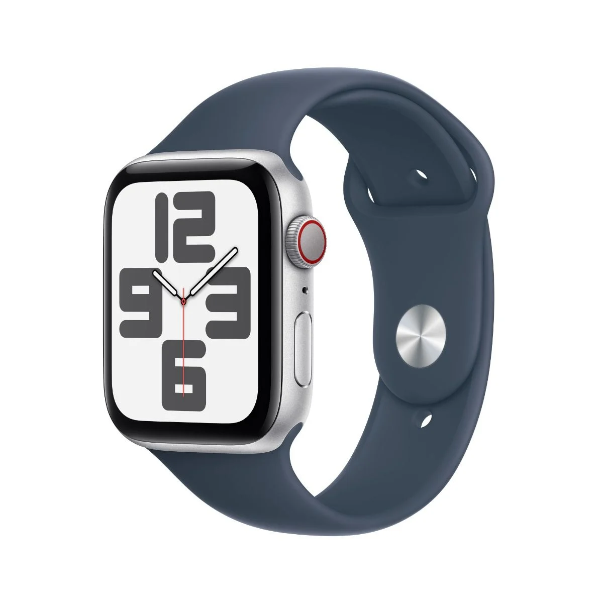 Apple Watch SE GPS + Cellular 44mm Silver Aluminium Case with Storm Blue Sport Band - S/M (140-190mm)
